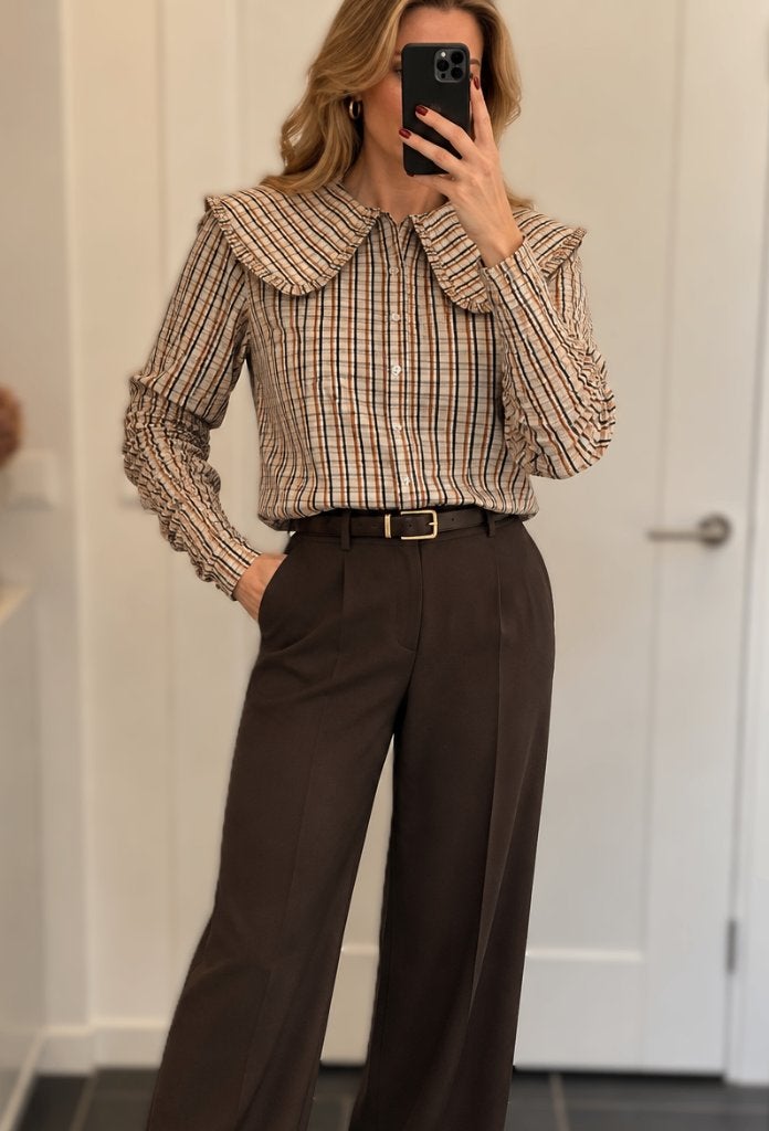 Co'Couture geruite blouse met grote kraag – maat L, Verzenden, Beige, Maat 42/44 (L), Co'couture