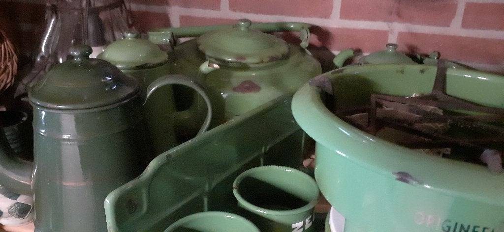 Groen emaille potten/pannen/petroleum stellen e.d., Antiek en Kunst, Ophalen
