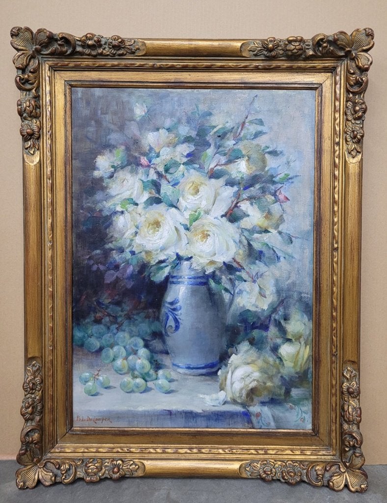 Pol DE LAMPER, witte rozen, Antiek en Kunst, Kunst | Schilderijen | Klassiek, Bloemen, Doek, Ophalen of Verzenden, Olieverf