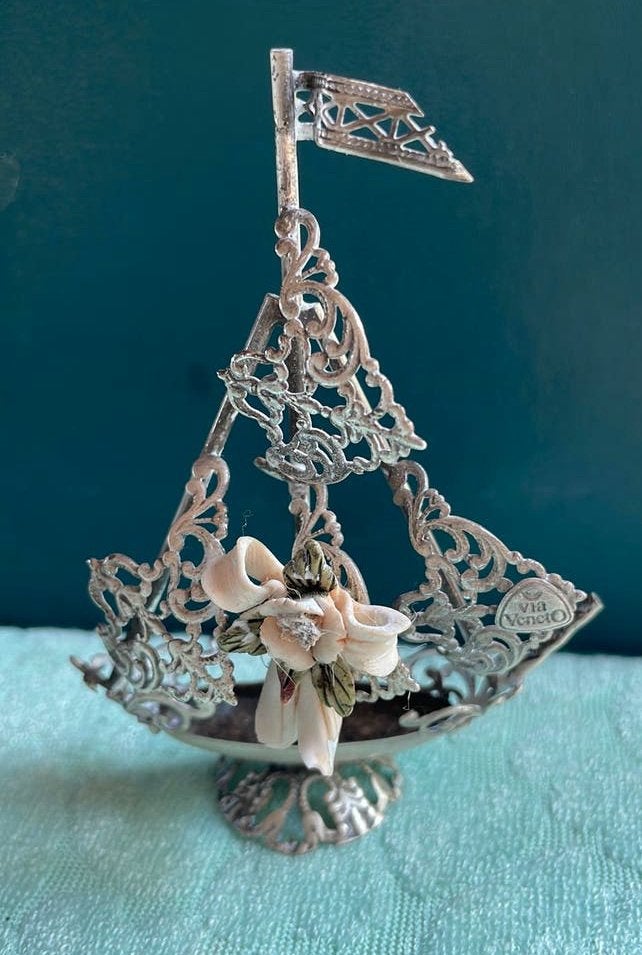 Vintage verzilverd miniatuur zeilschip Via Veneto jaren’80, Verzenden