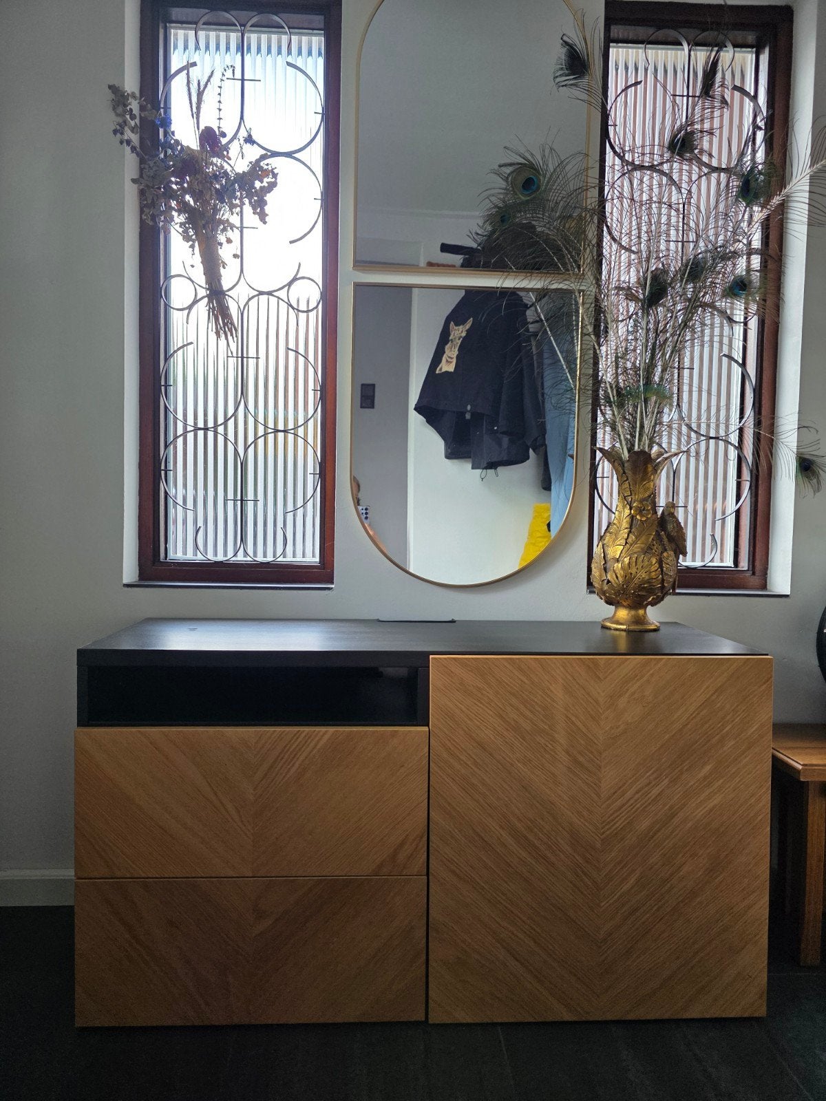 TV-meubel / dressoir met visgraat deurtjes (zwart/eiken), Ophalen of Verzenden, 25 tot 50 cm, 100 tot 150 cm, Minder dan 100 cm