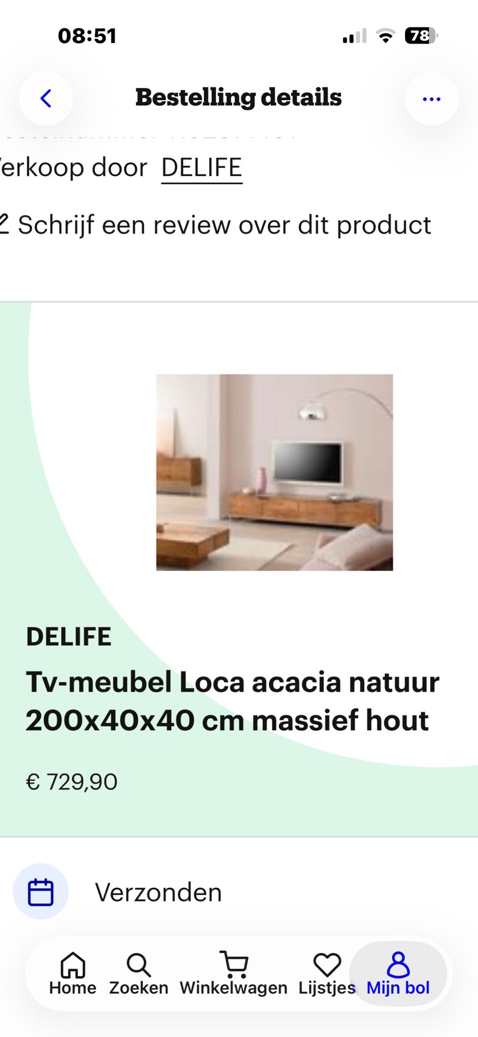 DELIFE TV-meubel Loca acacia natuur 200x40x40 cm massief hou, Ophalen, Zo goed als nieuw, Overige houtsoorten, 150 tot 200 cm