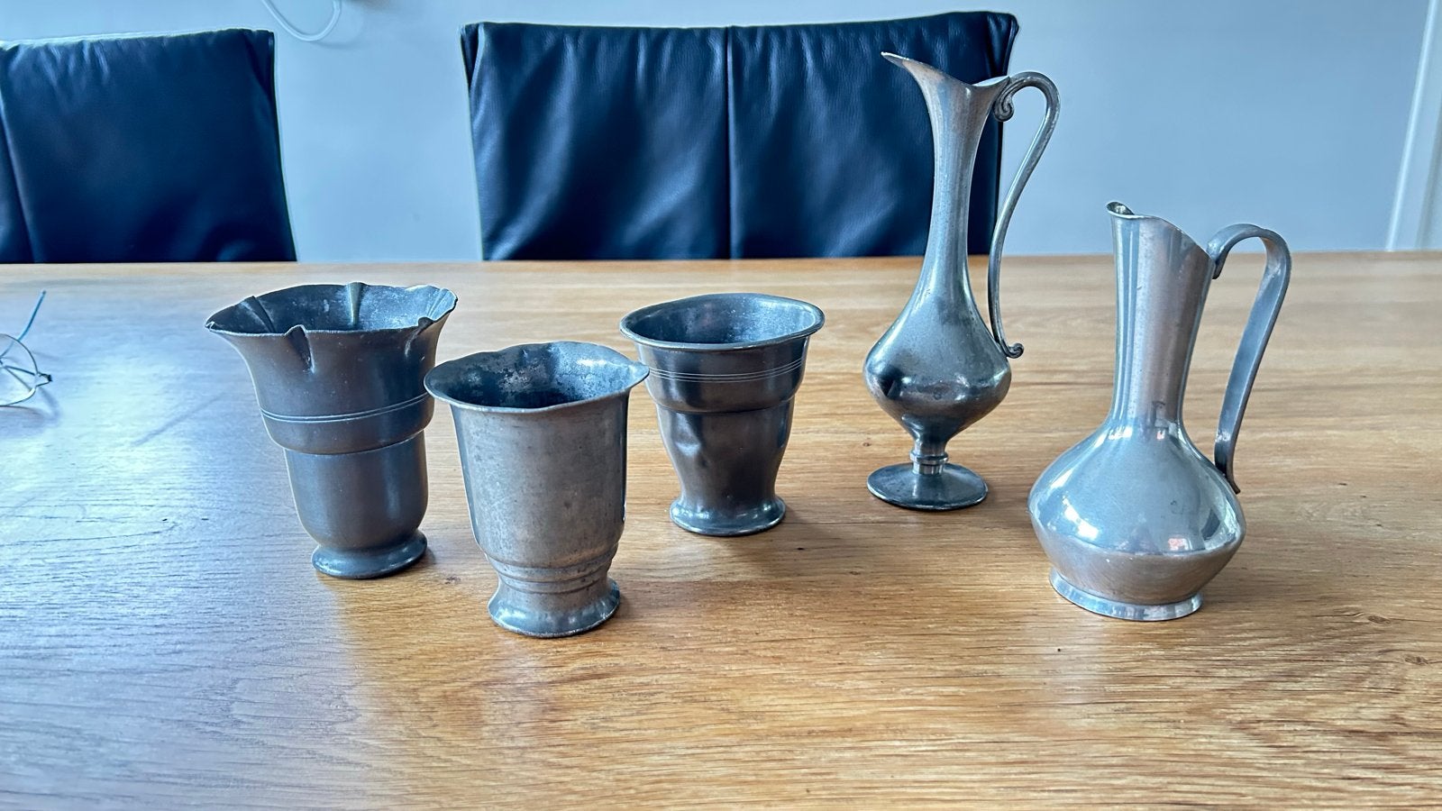 Set van 5 antieke tinnen vazen en bekers, Ophalen of Verzenden