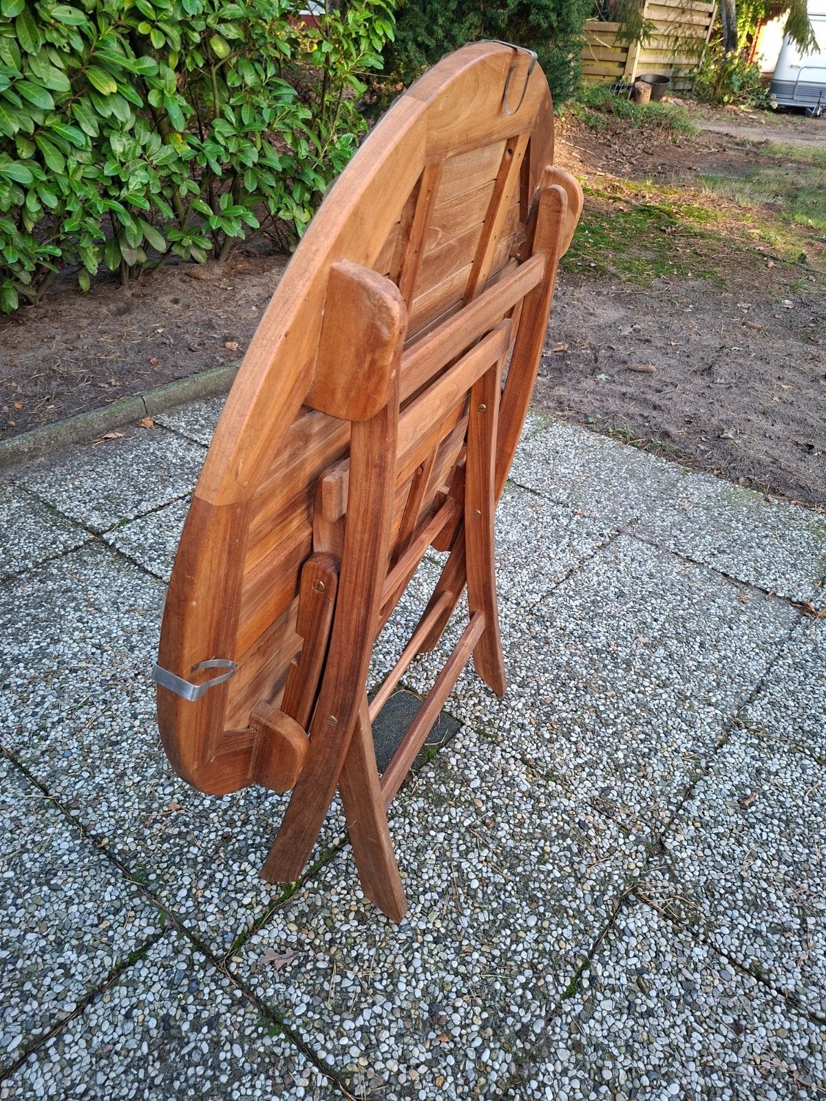 teakhouten inklapbare tafel rond 100 cm, Ophalen, Zo goed als nieuw, Teakhout, Inklapbaar