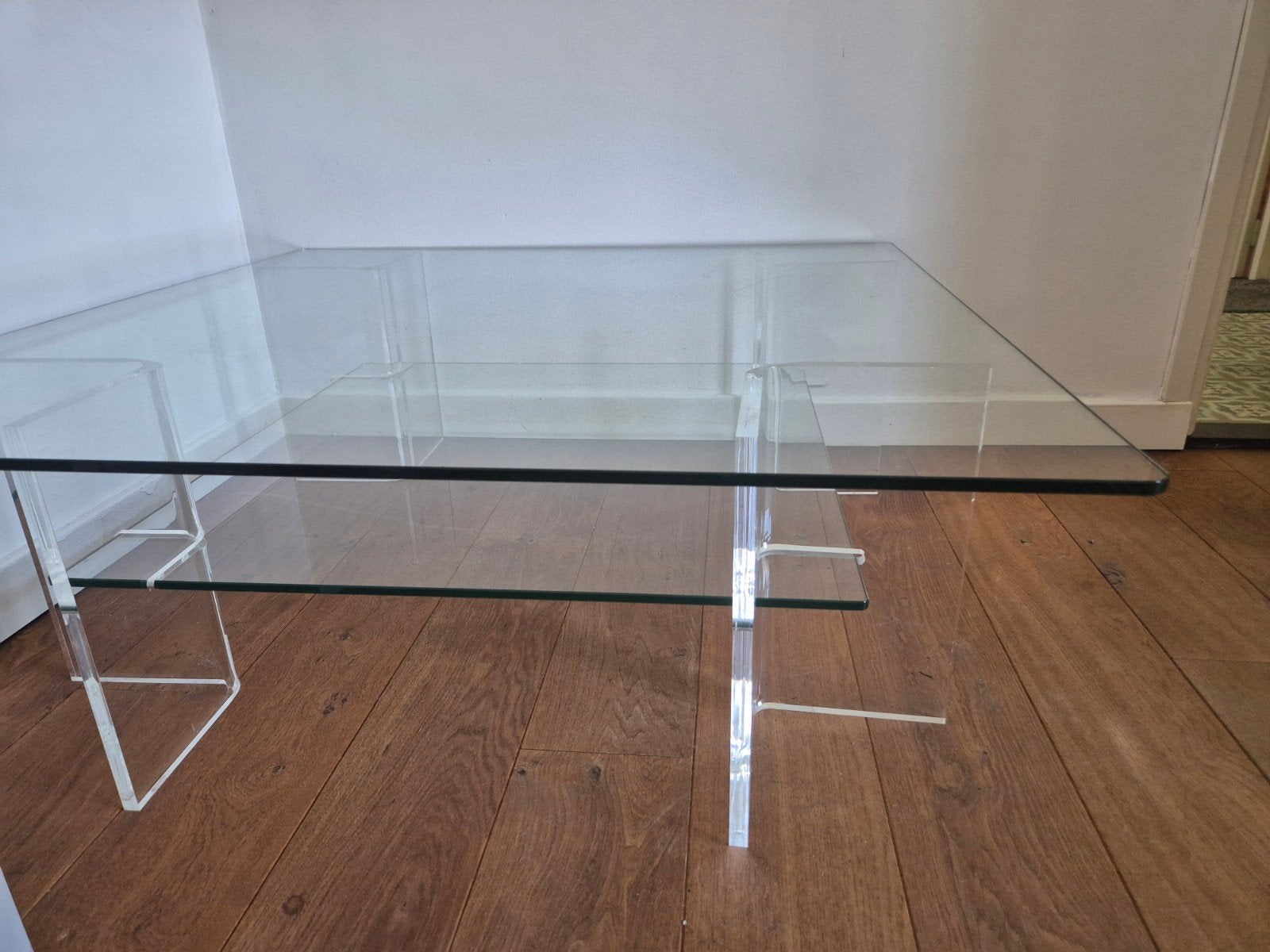 Glazen salontafel met dubbel blad (110x110 en 80x80), Gebruikt, Vierkant, Ophalen of Verzenden, Glas