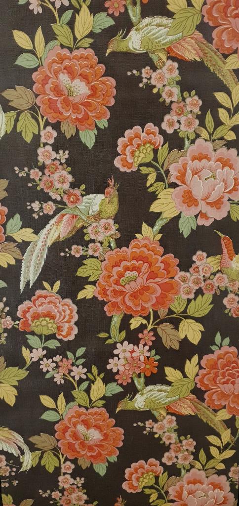 13703 Vintage vogels bloemen behang op donkere ondergrond, Verzenden, Roze
