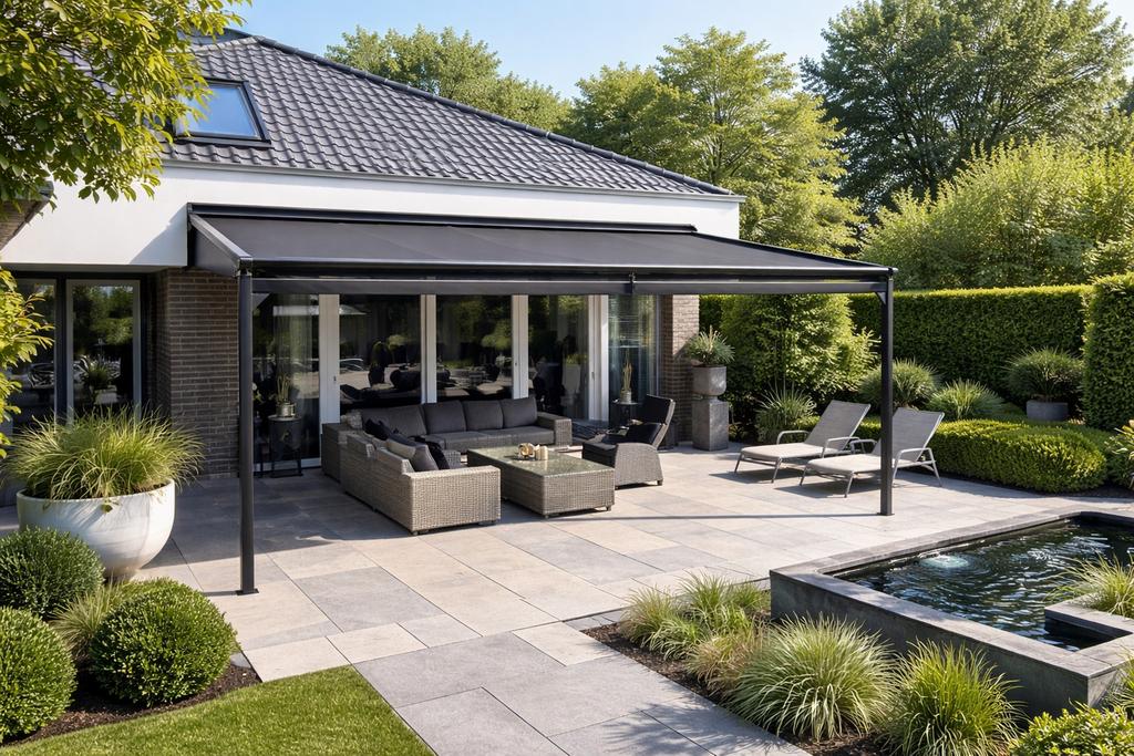 Moderne antraciete pergola zonnescherm, elektrisch Somfy, Ophalen, Overige typen, Elektrisch, Zo goed als nieuw