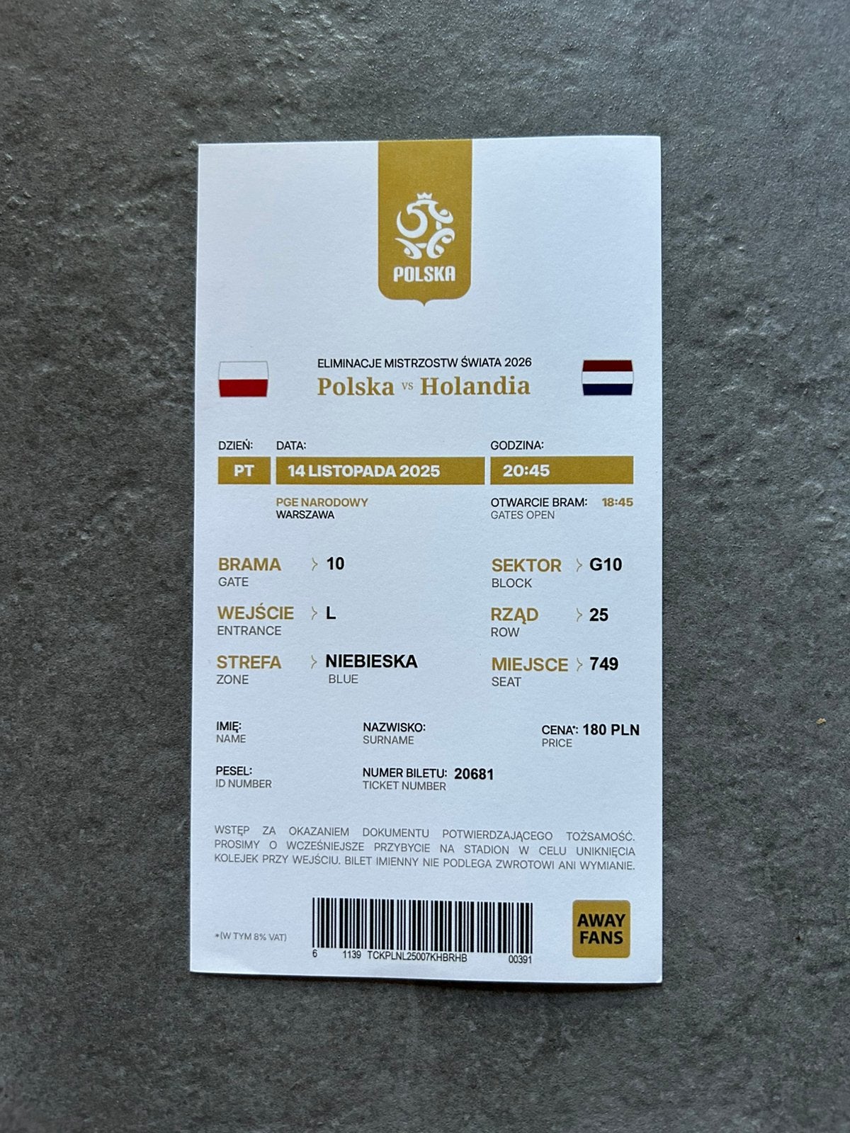 Polen - Nederland ticket, Verzamelen, Sportartikelen en Voetbal, Ophalen of Verzenden, Overige binnenlandse clubs, Overige typen