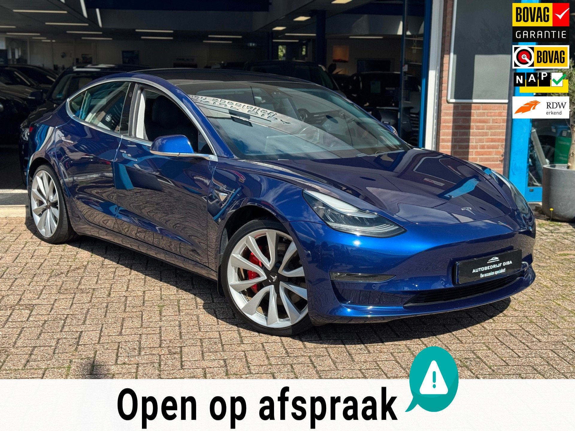 Tesla Model 3 Performance AWD 75 kWh 2019 AUT NAVI BTW NAP!, Automaat, Dealer onderhouden, 462 pk, Blauw