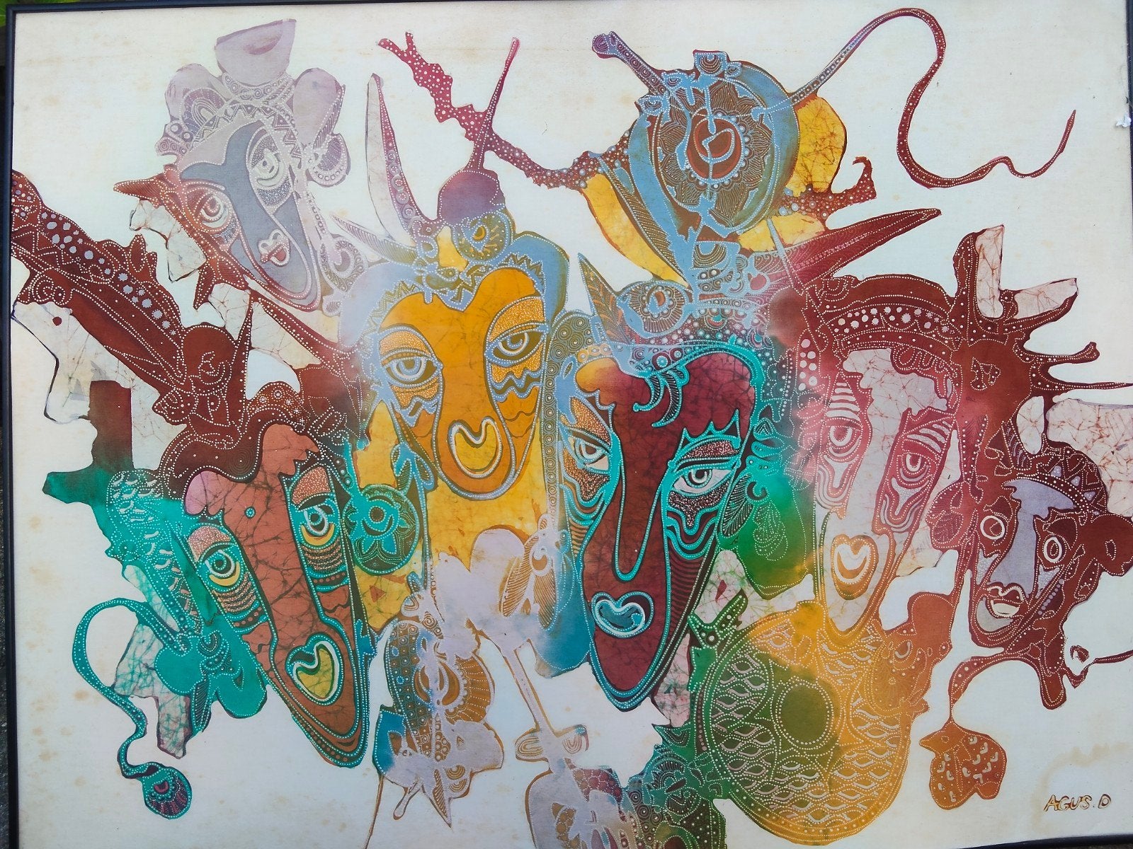 Agus D. Batik Kunstwerk: Abstracte Gezichten, Antiek en Kunst, Ophalen of Verzenden