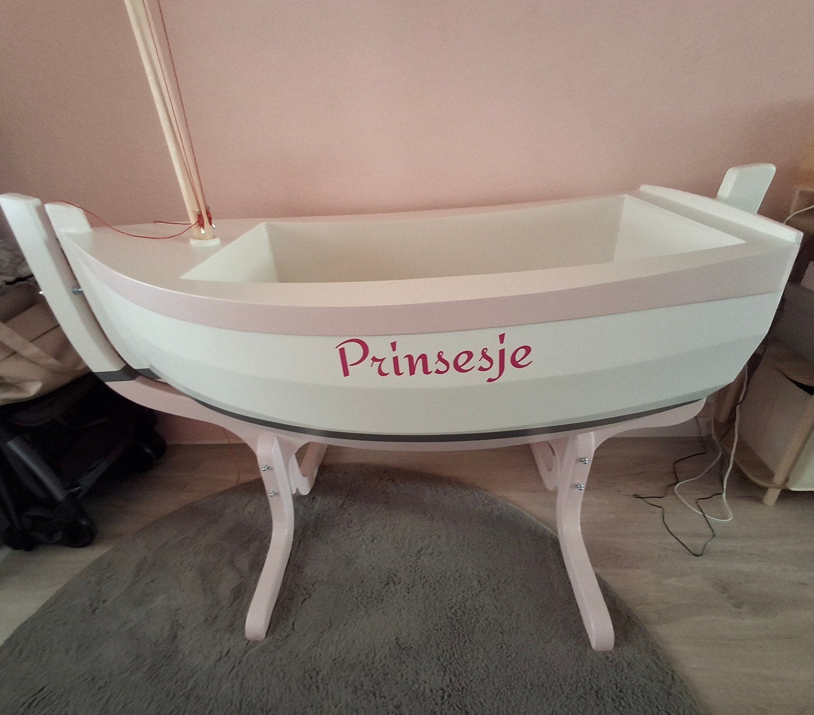 Baby bedje boot 'Prinsesje' met matras 45x90 handgemaakt, Ophalen, 140 tot 160 cm, Minder dan 70 cm, Matras