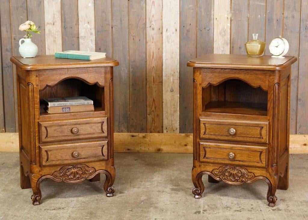 Set Franse houten nachtkastjes houtsnijwerk - Louis XV-stijl, Ophalen, Gebruikt, --, 55 tot 70 cm