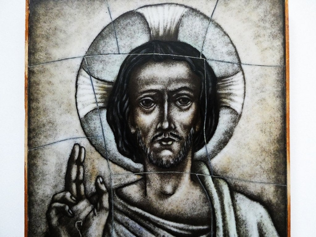 Opaline gebrandschilderd glazen icoon met Jezus Heilig Hart, Antiek en Kunst, Ophalen of Verzenden