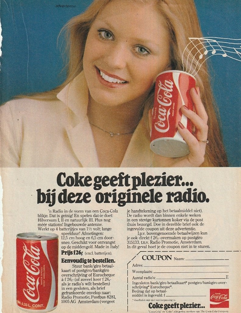 Retro reclame 1978 Coca-Cola frisdrank radio in blikje, Verzamelen, Verzenden, Overige typen