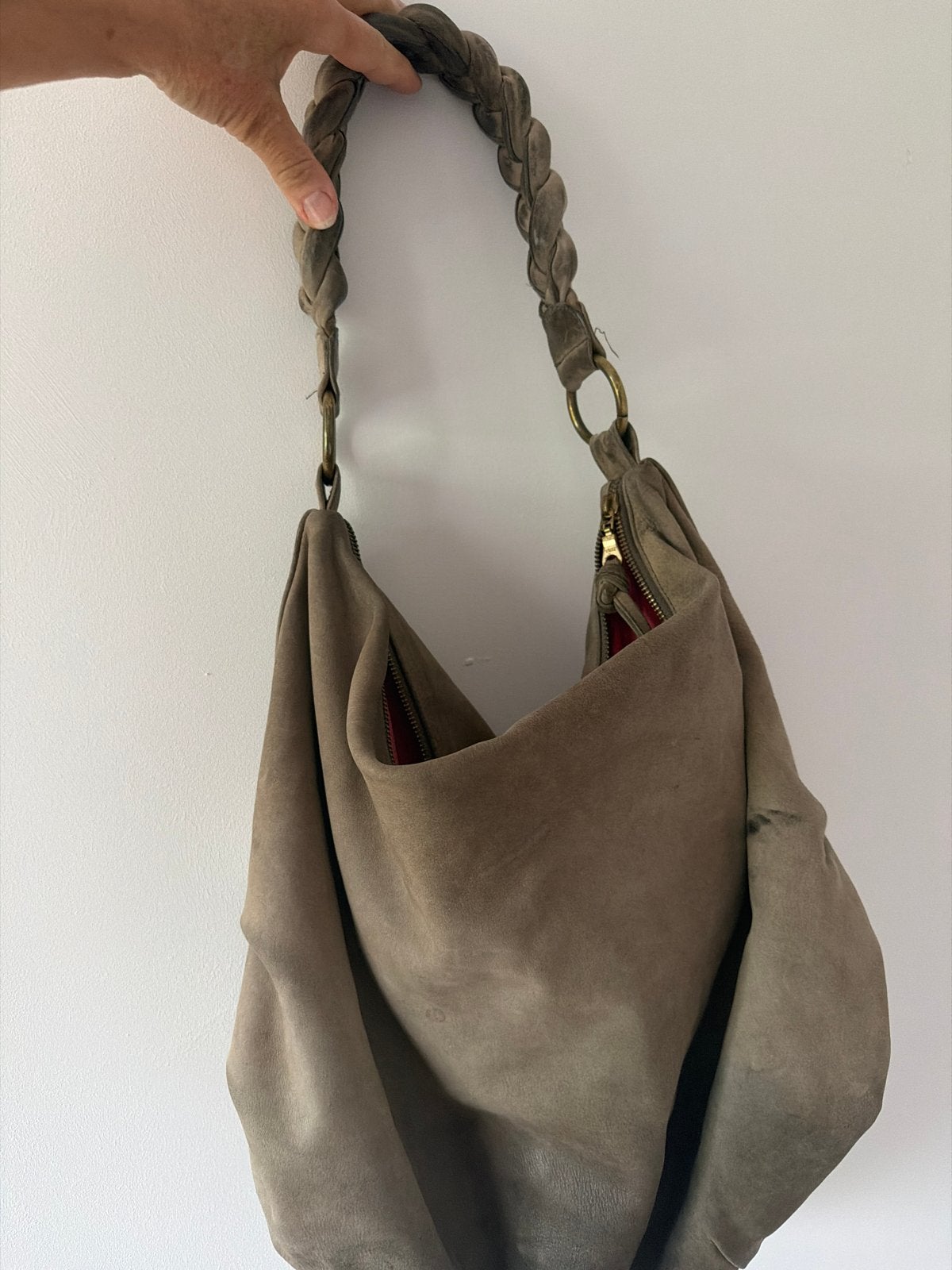 Fab! Suède Handtas met Gevlochten Hengsel, Ophalen of Verzenden, Gebruikt, Beige, Handtas