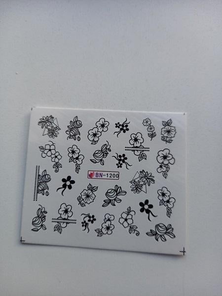 Velletje nagel water decals stickers BN-1200 bloemetje zwart, Verzenden, Zwart, Nieuw, Handen en Nagels