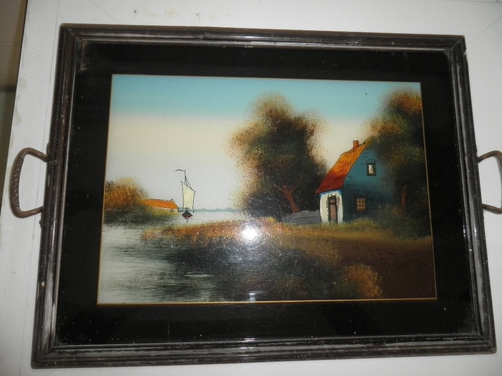 Prachtig beschilderd dienblad onder glasplaat,, Ophalen of Verzenden