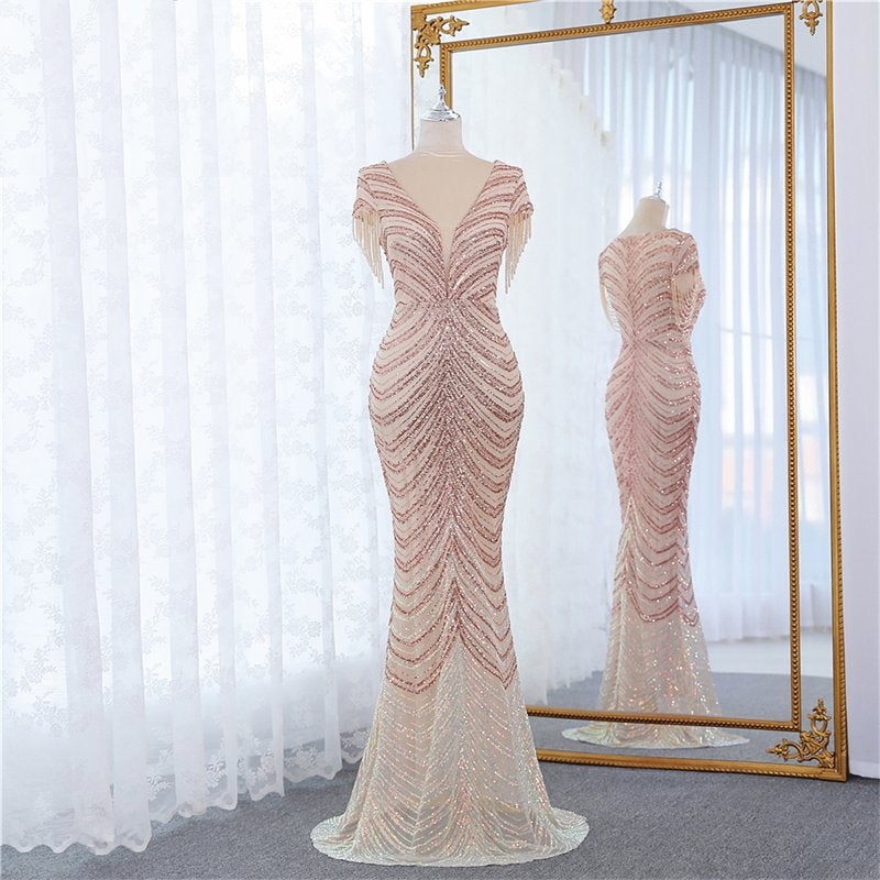 Beige lange mermaid jurk korte mouw gala avondjurk glitter, Verzenden, Nieuw, Beige, Onder de knie
