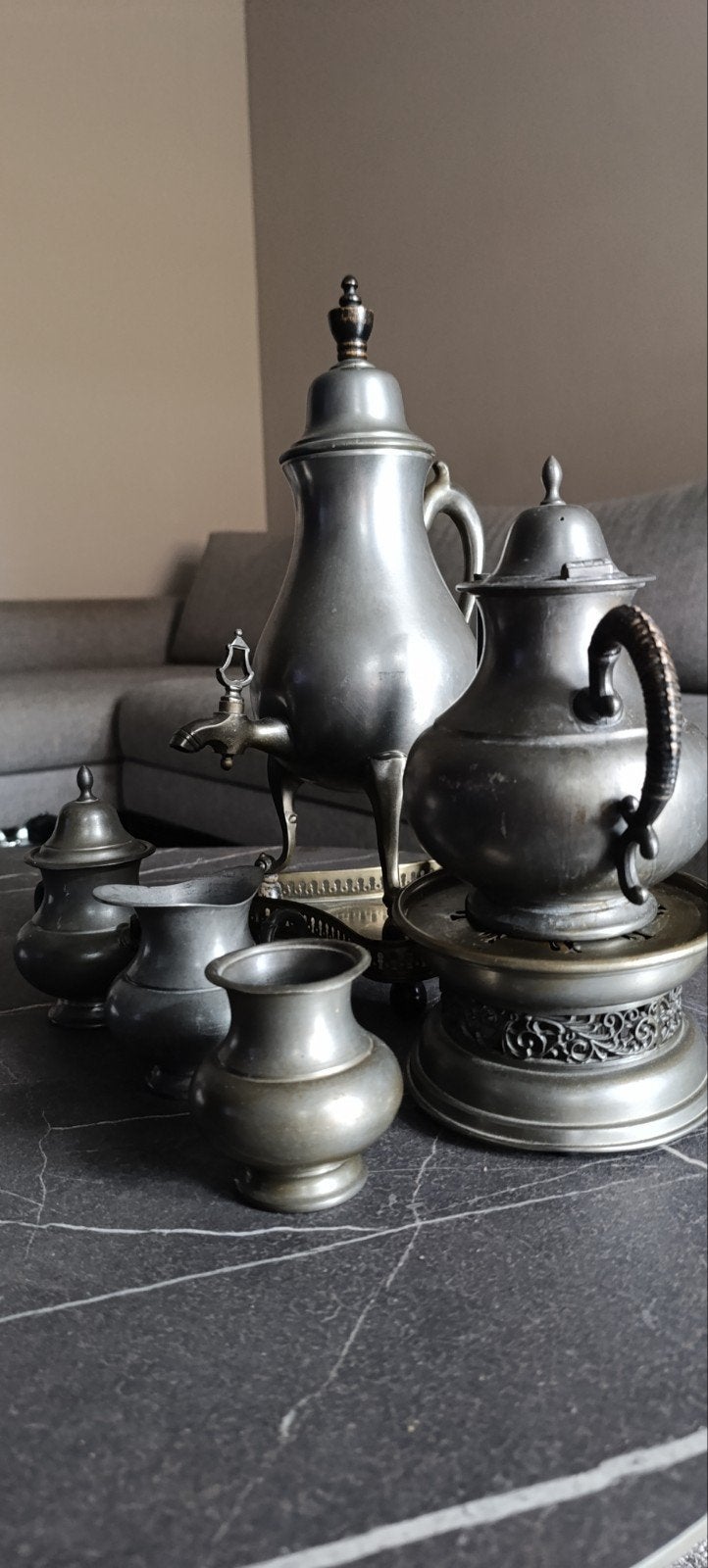 Antiek tinnen theeservies - 5-delig, Antiek en Kunst, Antiek | Tin, Ophalen of Verzenden
