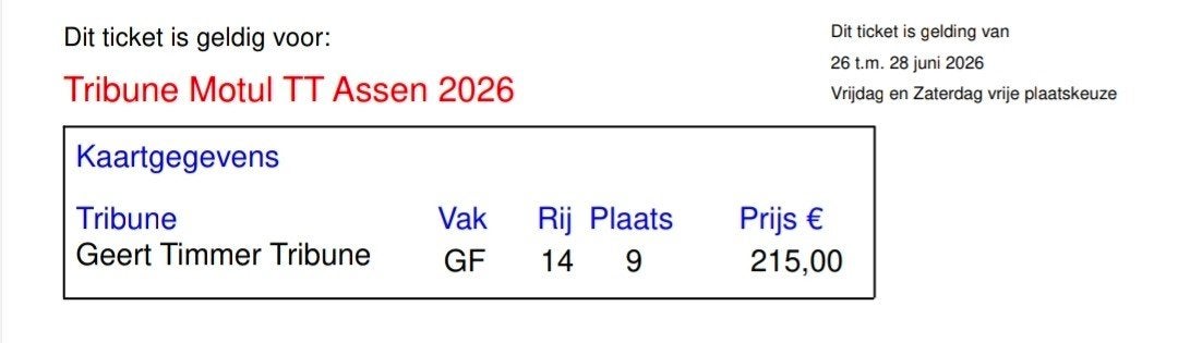 TT-Assen, weekendkaart. De allerlaatste plaats GT-tribune, Eén persoon