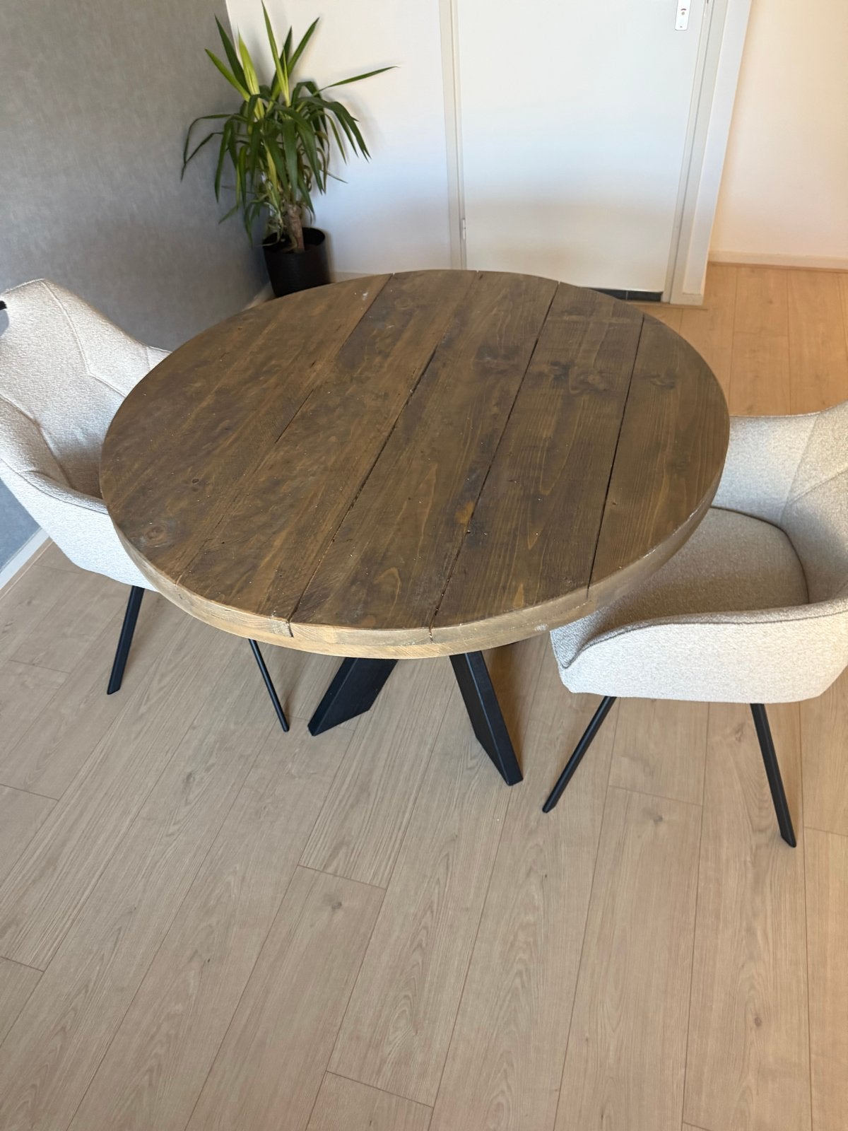 Ronde eettafel met houten blad en houten onderstel, Ophalen, Gebruikt, 100 tot 150 cm, Rond