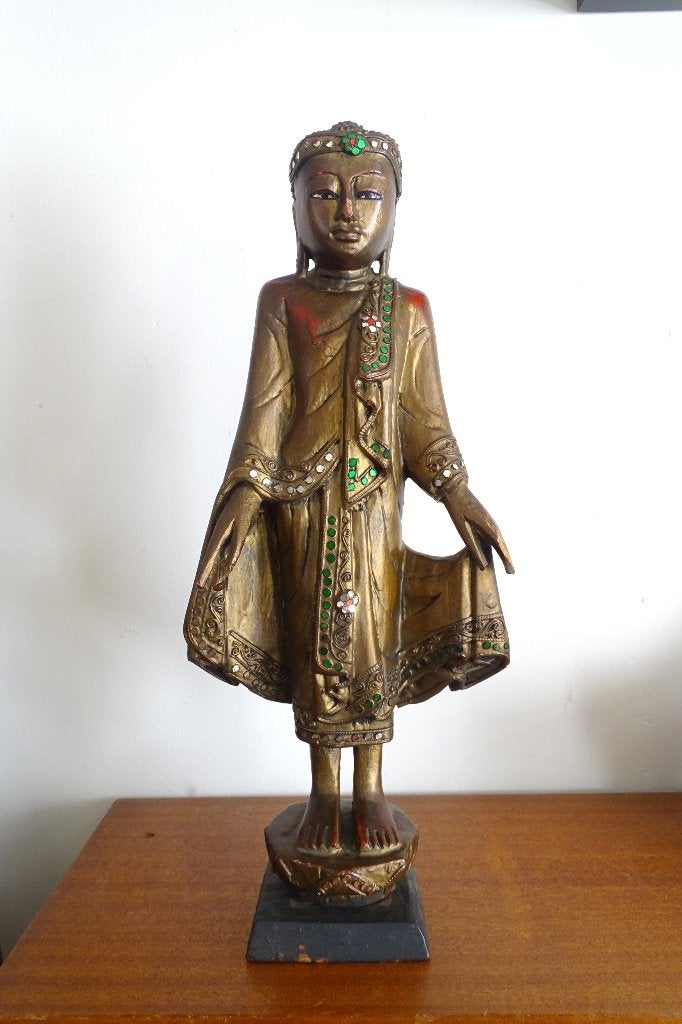 Houten Mandalay Buddha  Boeddha Boeddhabeeld uit Myanmar, Gebruikt, Ophalen of Verzenden, Hout, Goud