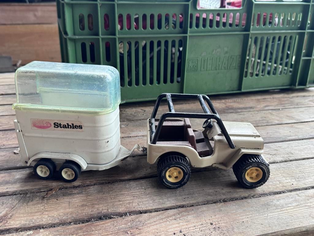 Vintage Tonka Jeep met Paardentrailer - Gebruikt, Overige merken, Gebruikt, Auto, Groter dan 1:32