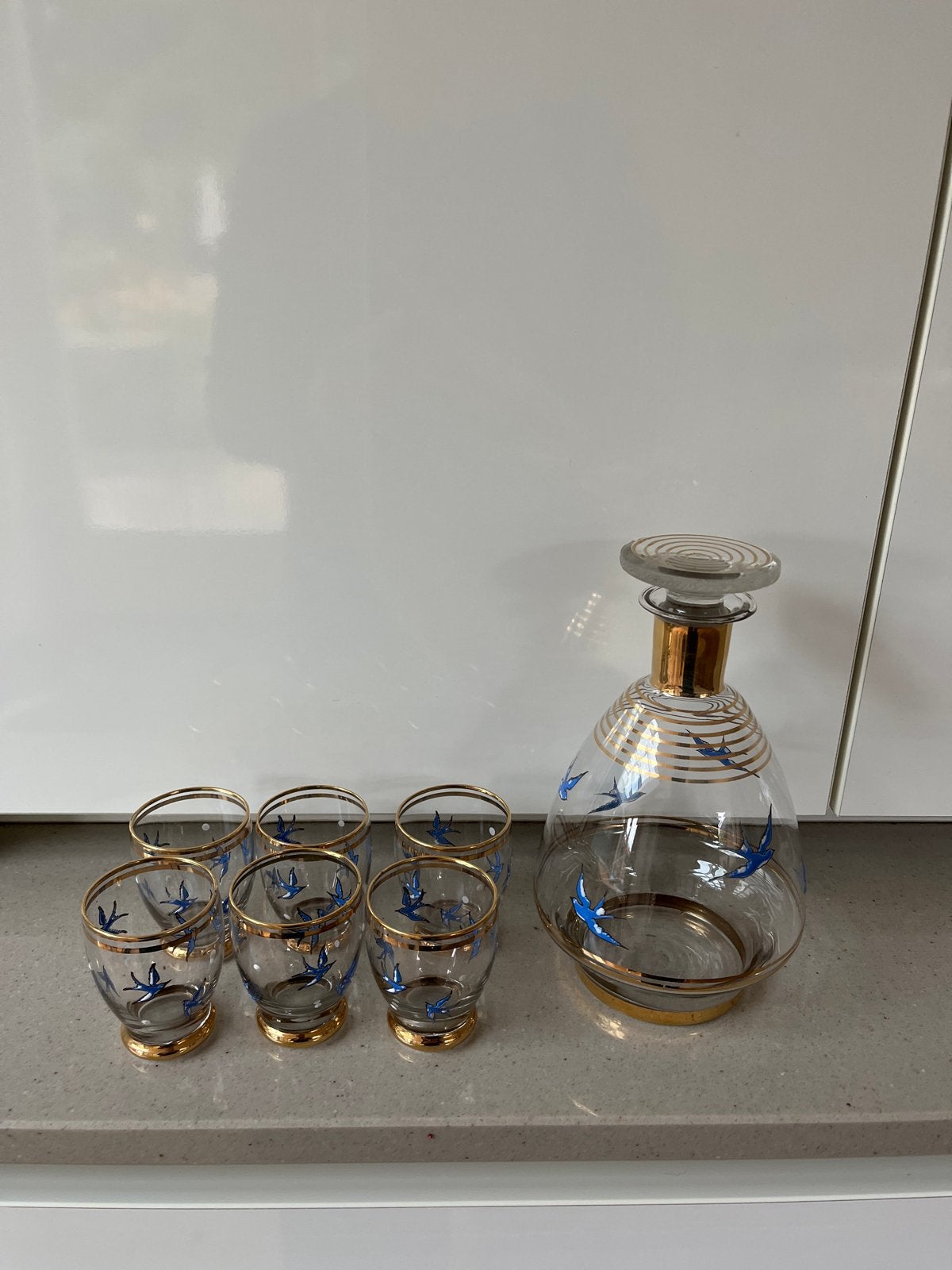 Vintage Karaf met 6 Glaasjes - Zwaluwen Design, Ophalen of Verzenden