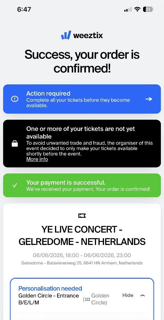 KANYE WEST ARNHEM GOLDEN CIRCLE TICKET, Tickets en Kaartjes, Eén persoon, Juni