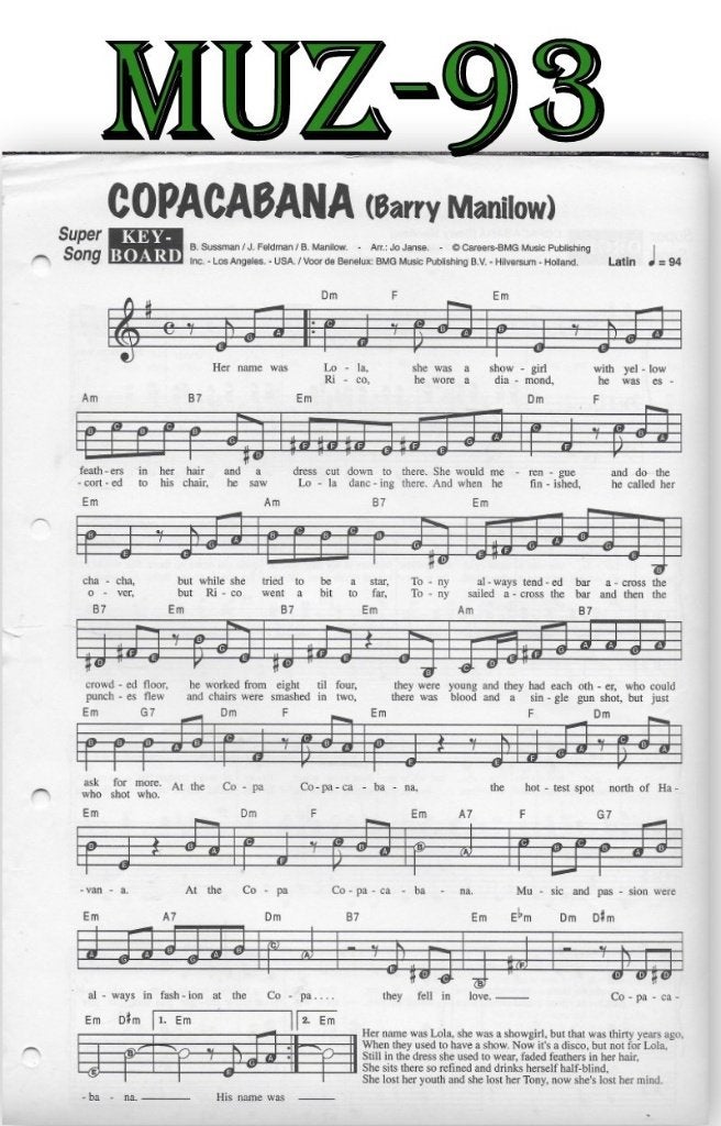 Muz93 Bladmuziek Super song Copacabana, Orgel, Gebruikt, Klassiek, Ophalen of Verzenden