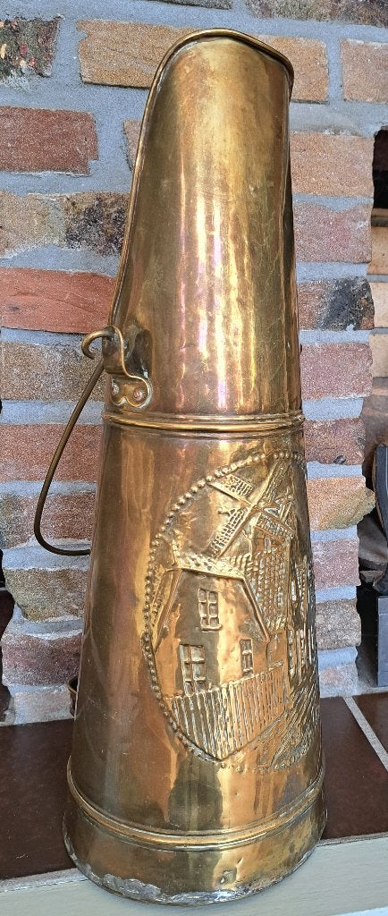 Antieke kolenkit messing molen huis plubak geel koper haard, Verzenden
