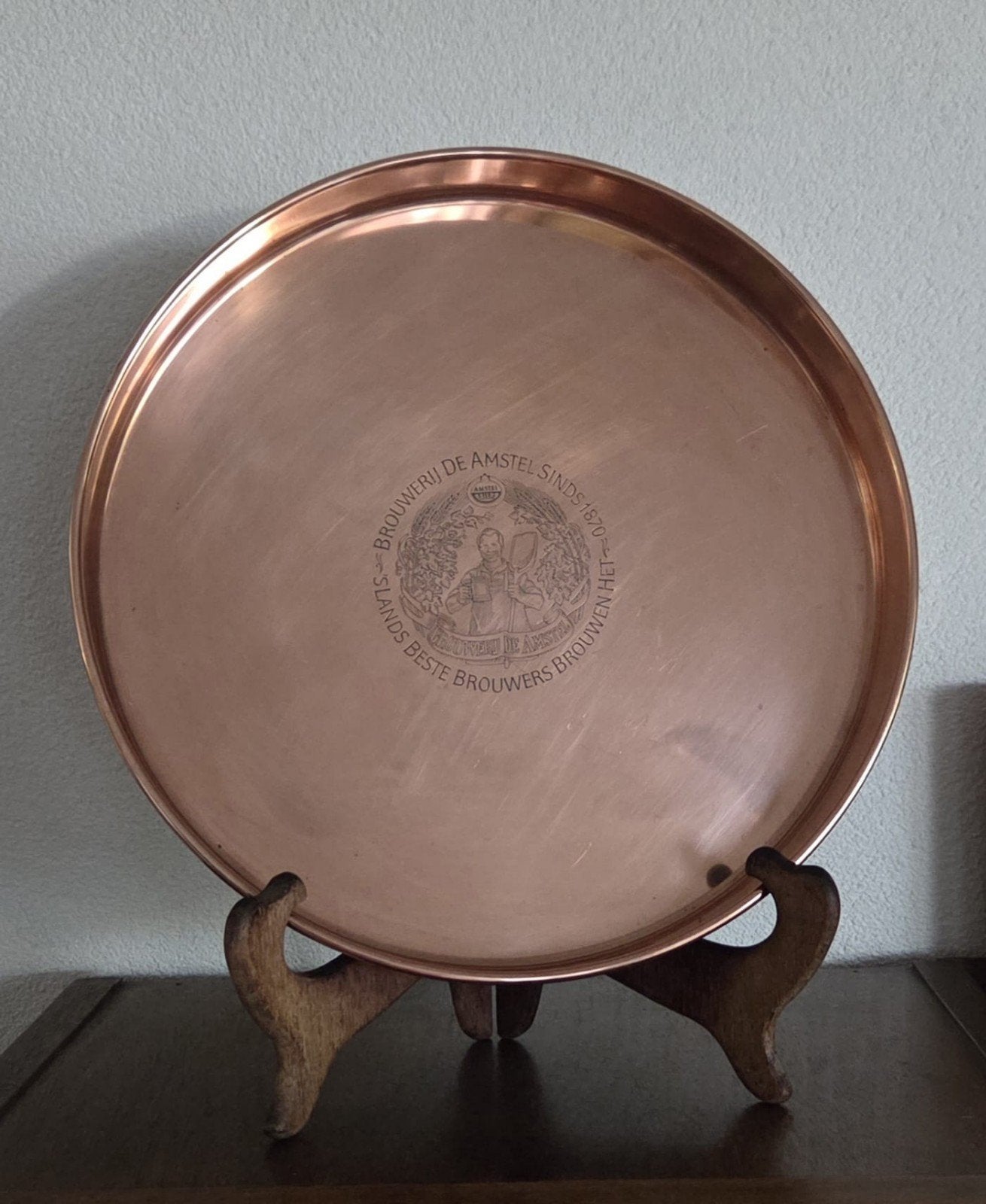 Vintage koperen Amstel bierdienblad –Ø 32 cm –Jaren '50/'60, Verzamelen, Biermerken, Ophalen, Gebruikt, Reclamebord, Plaat of Schild