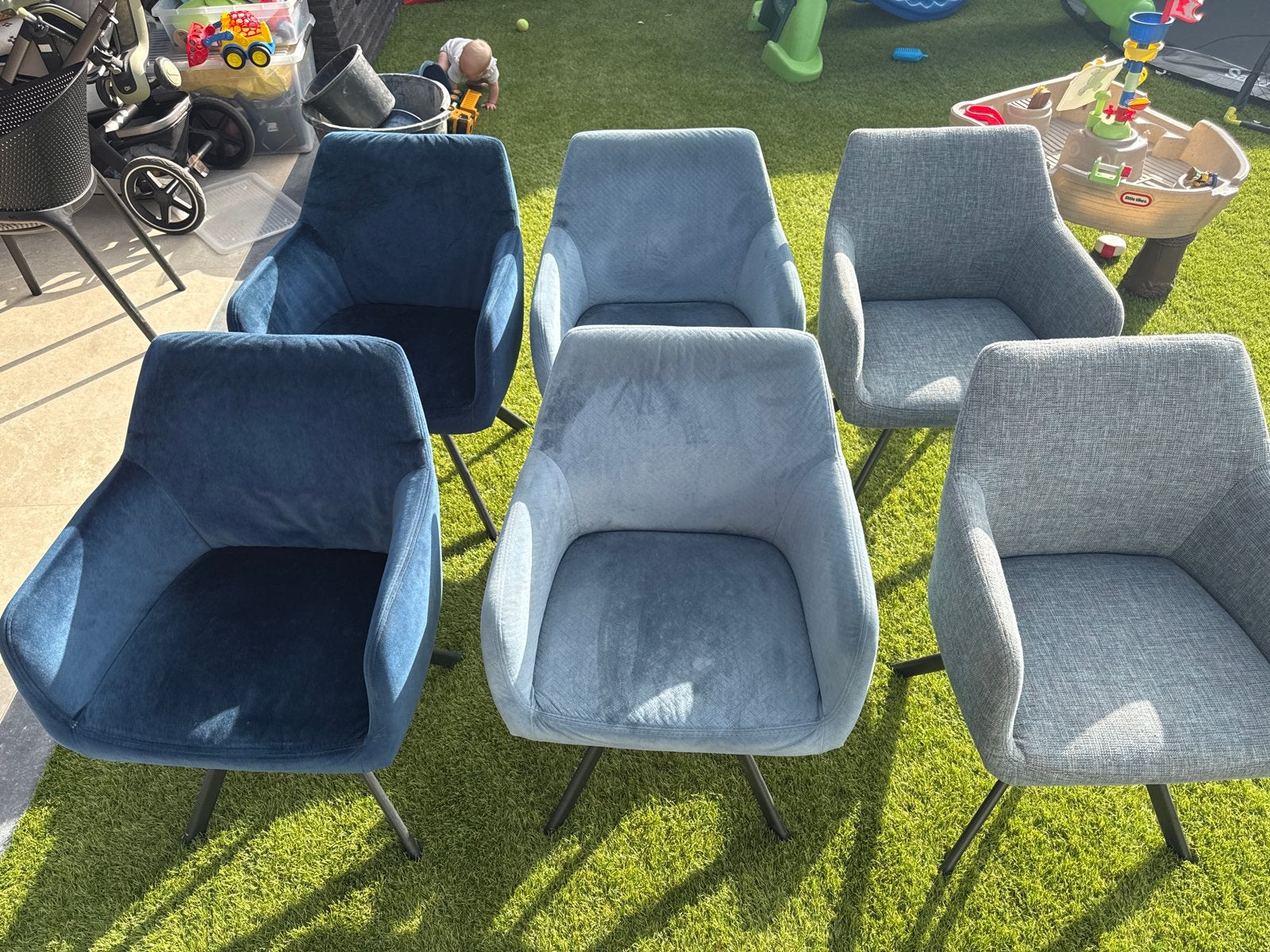 Set van 6 stoelen met 3 verschillende stoffen - Zwarte poot, Huis en Inrichting, Stoelen, Ophalen, Overige kleuren, Zo goed als nieuw