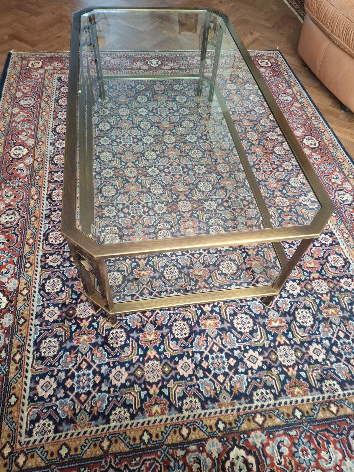 Vintage glazen salontafel met messing frame, Ophalen, Minder dan 50 cm, Gebruikt, 100 tot 150 cm