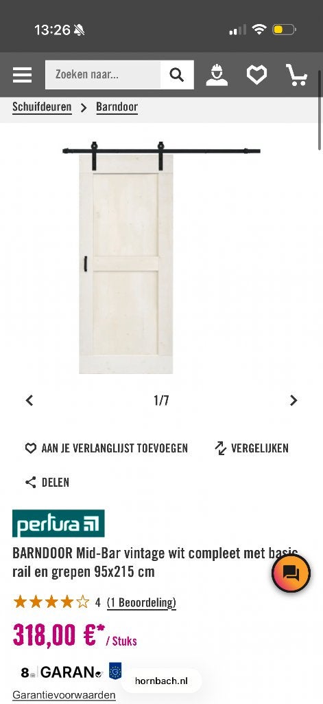 BARNDOOR mid-bar vintage wit compleet met basis rail, Ophalen, Binnendeur, Nieuw, Schuifdeur