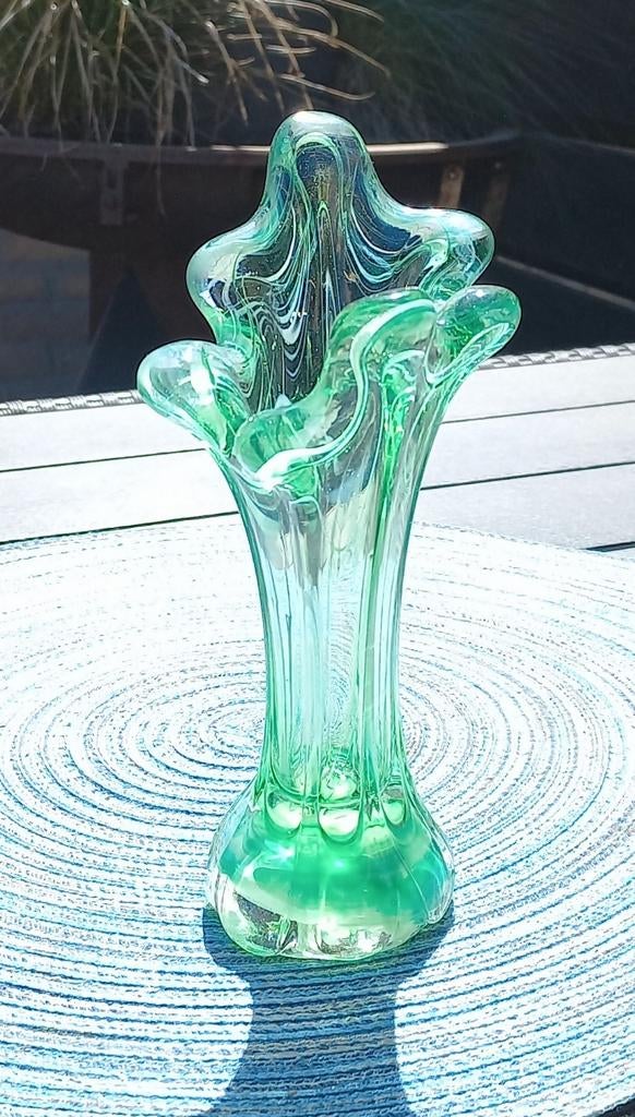 Vintage Murano-stijl Swung Vaas Groen met Wit Festoen, Ophalen of Verzenden