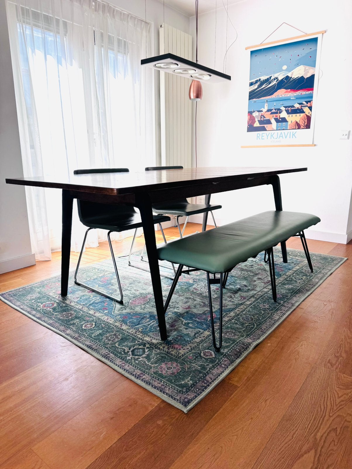 Eetkamerbankje + 2 IKEA Bernhard stoelen (groen leer), Ophalen, Zo goed als nieuw