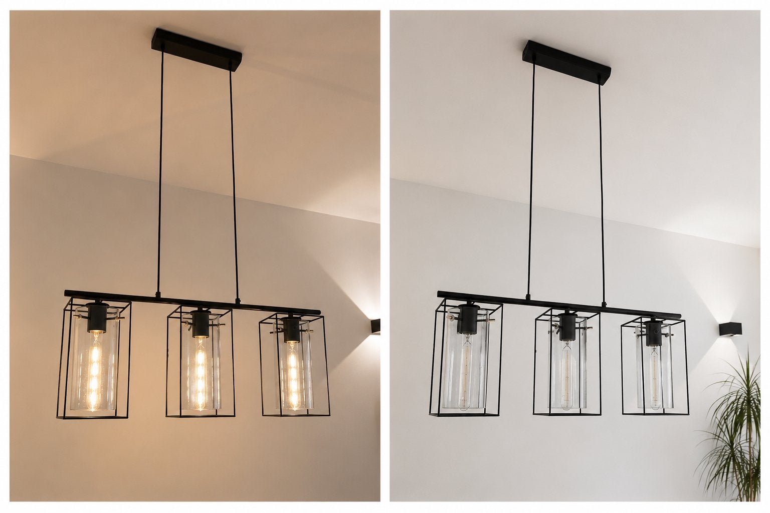 Industriële zwarte hanglamp met 3 glazen kappen, Huis en Inrichting, Lampen | Hanglampen, Ophalen, Zo goed als nieuw, Glas