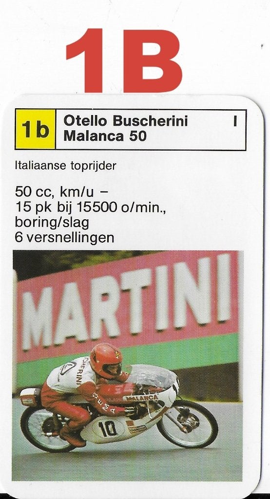 K58 motorkaartje 1b malanca 50 / otello buscherini, Ophalen of Verzenden, Zo goed als nieuw, Auto's