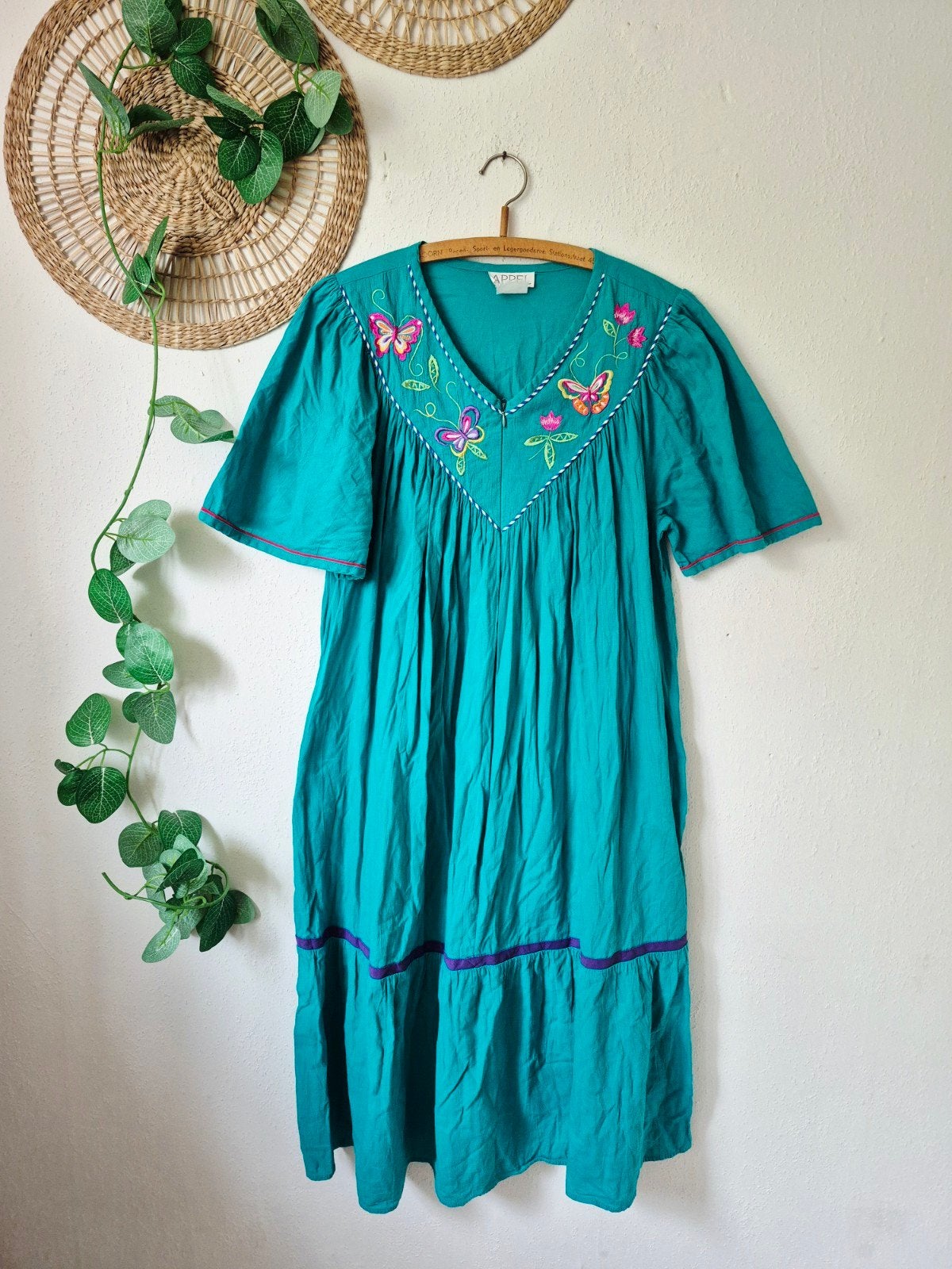 Vintage geborduurde katoenen 80s jurk M, kleine L, Maat 38/40 (M), Verzenden, Zo goed als nieuw, Vintage