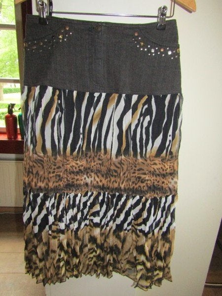 F543 VERSE mt 36 rok zwart denim tijger zebra chiffon bruin, Verzenden, Zwart, Verse x, Zo goed als nieuw