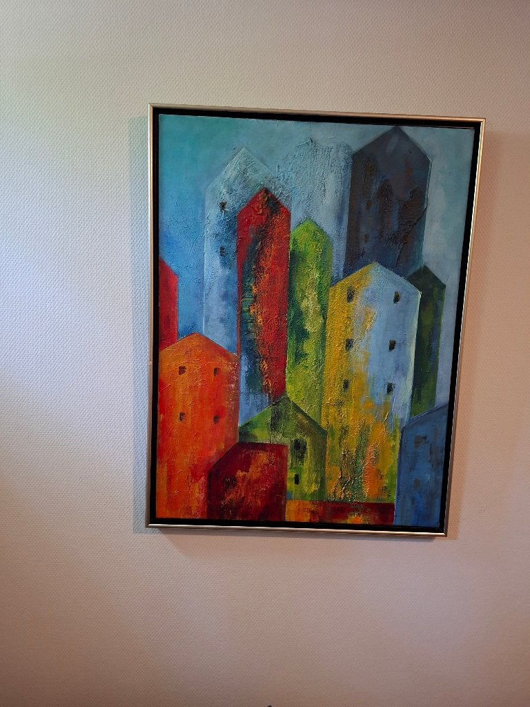 handgeschilderd olieverf doek, Ophalen, Acrylverf, Ingelijst, Stadsgezicht