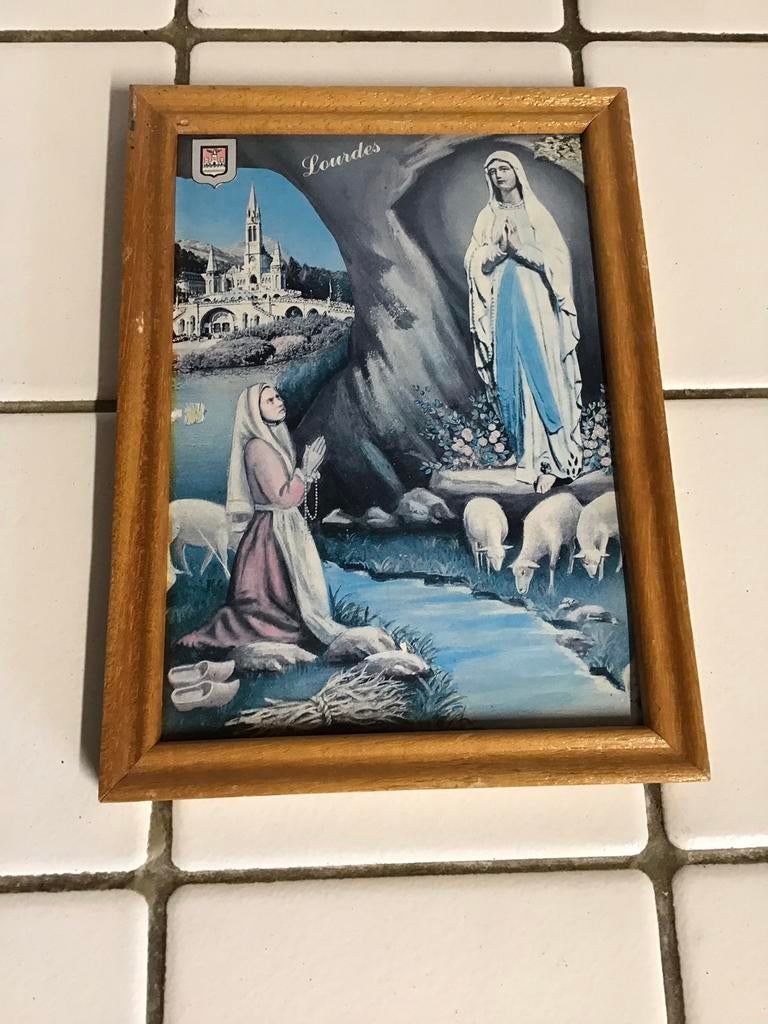 Oude ingelijste prent Maria Lourdes, Ophalen of Verzenden