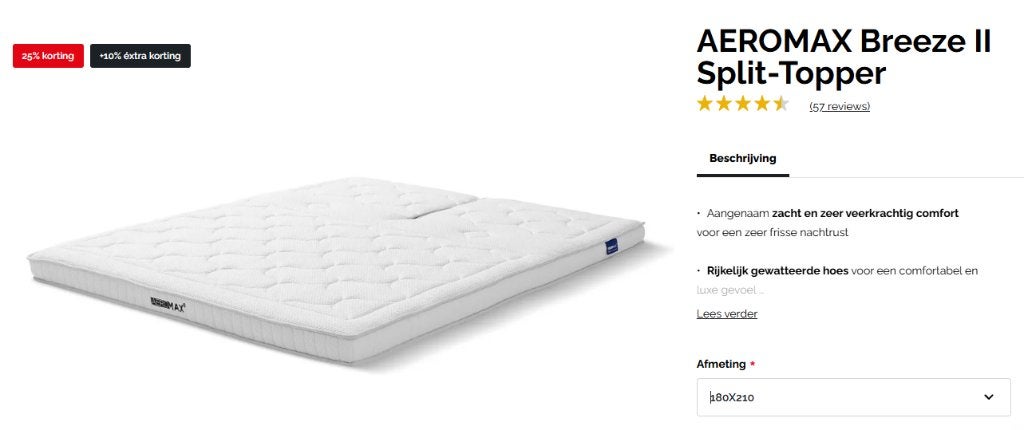 Swiss Sense topper Aeromax Breeze II split ONBESLAPEN, 210 cm, Ophalen of Verzenden, Matras, 180 cm