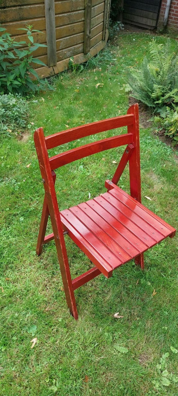 16 vintage houten klapstoelen + transportkar, Ophalen, Gebruikt, Hout, Inklapbaar