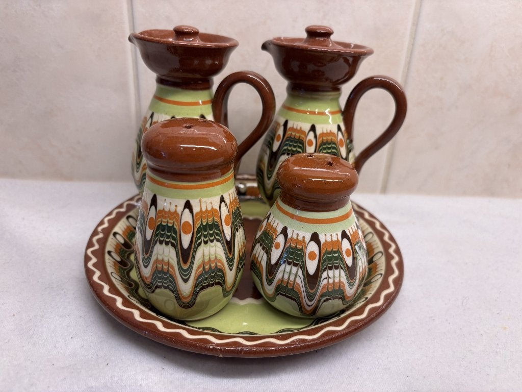 Bulgaars Set Olie & Azijn-Peper en Zout Vaatjes, Ophalen of Verzenden