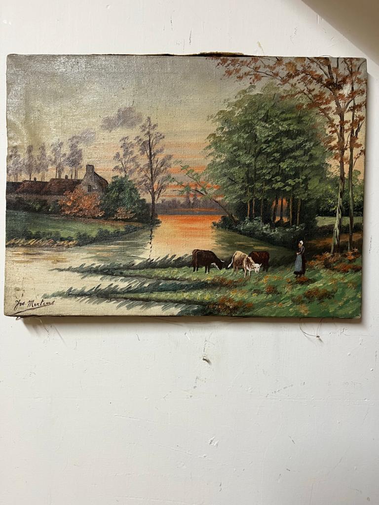 Antiek Schilderij Gesigneerd Dhr Martens - Landelijk Taferee, Antiek en Kunst, Ophalen of Verzenden