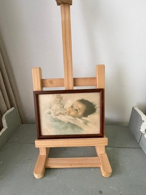 Vintage ingelijste afbeelding Baby. Bessie Peage. Awakening, Ophalen, 15 cm, Schilderij, 20 cm