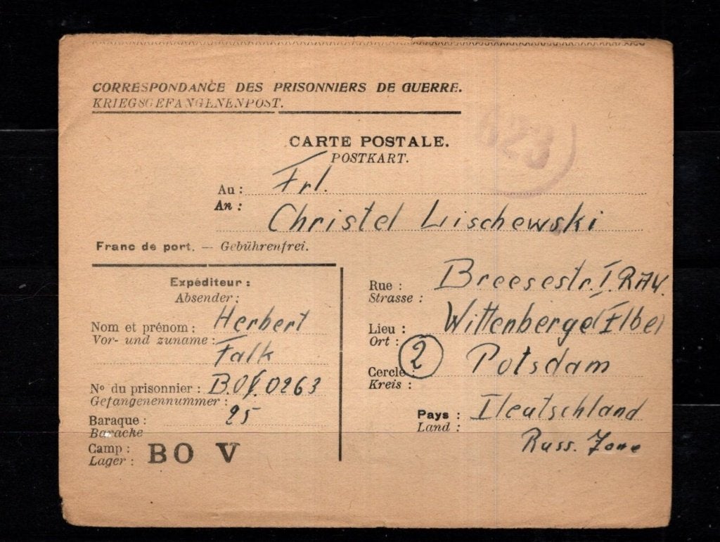 Oude krijgsgevangenen-kaart WO2 uit 1947  --  Q066, Postzegels en Munten, Postzegels | Europa | België, Verzenden, Gestempeld