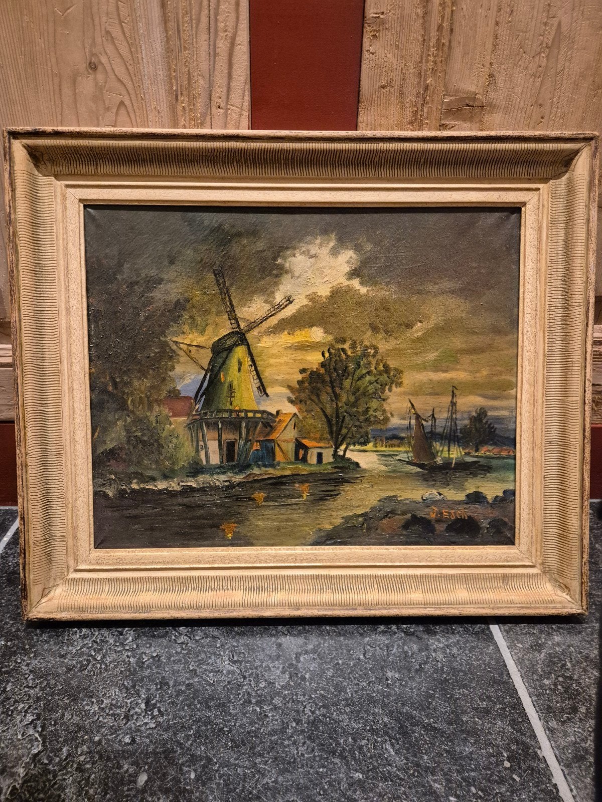vintage/antiek Olieverfschilderij J. van Esch, Antiek en Kunst, Doek, Realistisch, Ophalen of Verzenden, Landschap